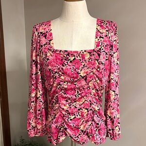 Floral Pink Women's square neck ruched front long sleeve top stretchy large